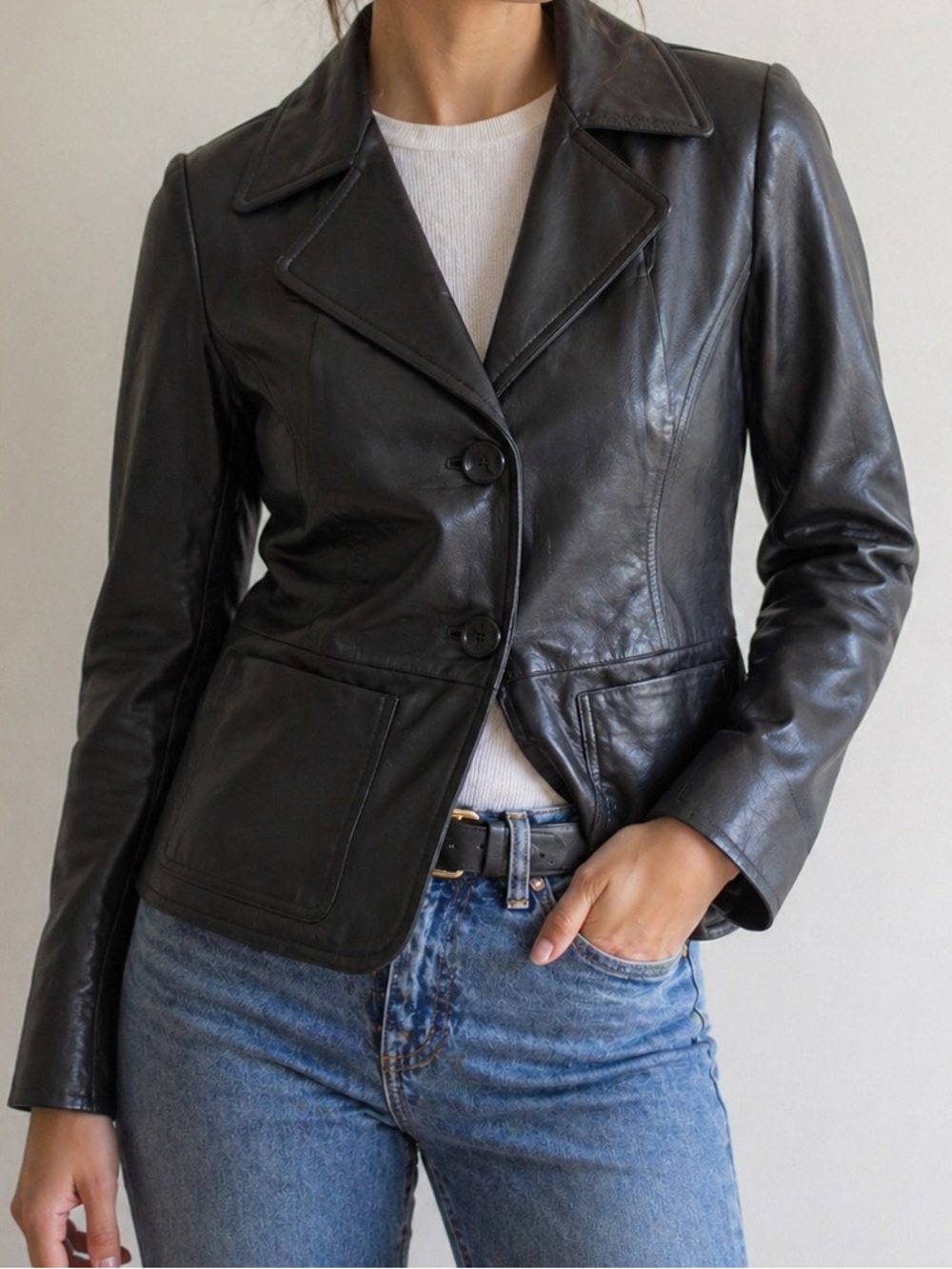 Mantles Genuine Leather Jacket Black Blazer Style | Size 4 | Classic Fitted